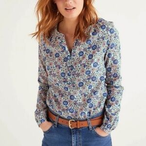 Boden Patricia Floral Long Sleeve Popover Blouse US 10/UK 14 Blue Split Neck